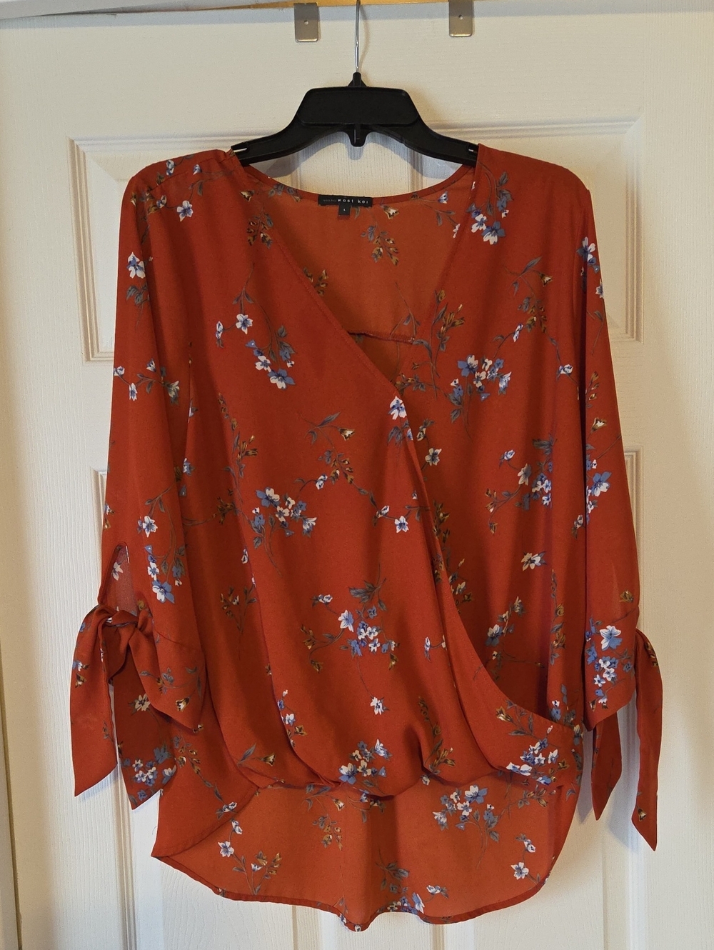 West Kei womens floral wrap blouse with 3/4 tie sleeves